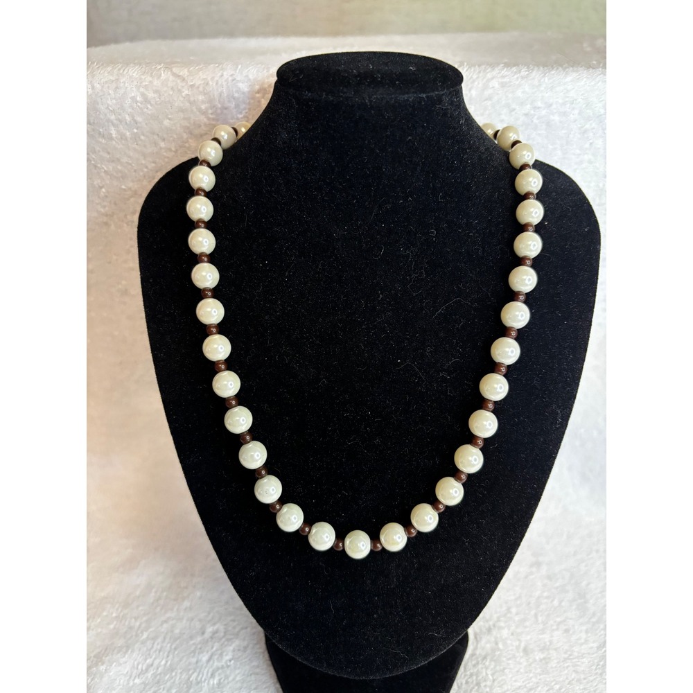 Cream Faux Pearl Necklace with Brown Cord Tie Back Adjustable Length Boho